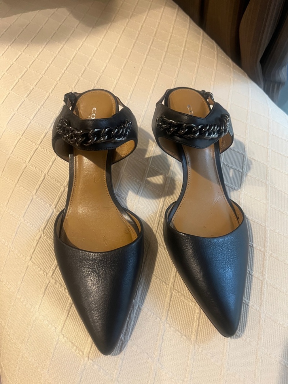 Coach Black Pointed-Toe Chain-Trim Mules